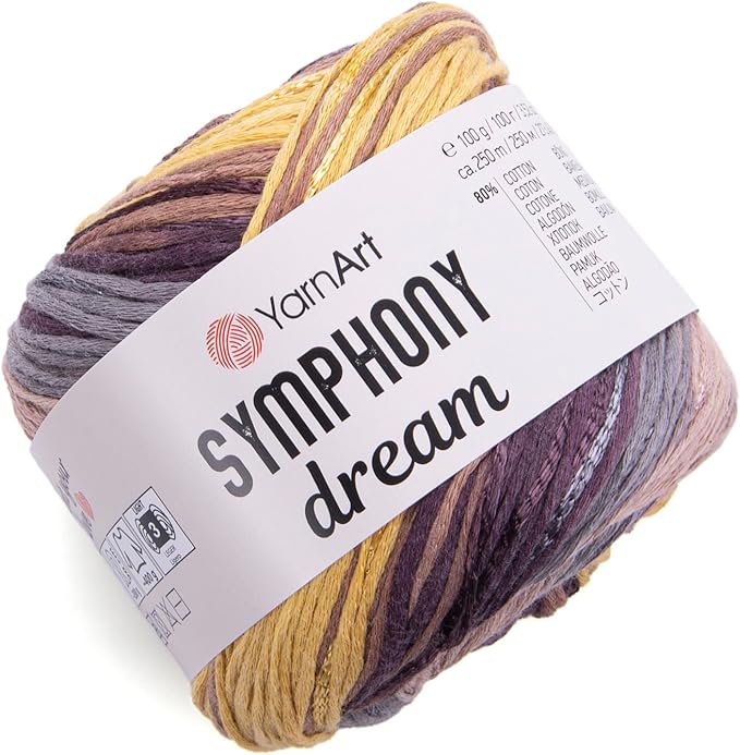 YarnArt Symphony Dream Cotton Yarn -%80 Cotton%20 Viscose Rainbow Multicolor Crochet Knitting Yarn - Suitable for All Blouses, Dresses, Shawls, Bags, Hats - 273 Yards, 3.52 Oz (1 Skein) (3102)
