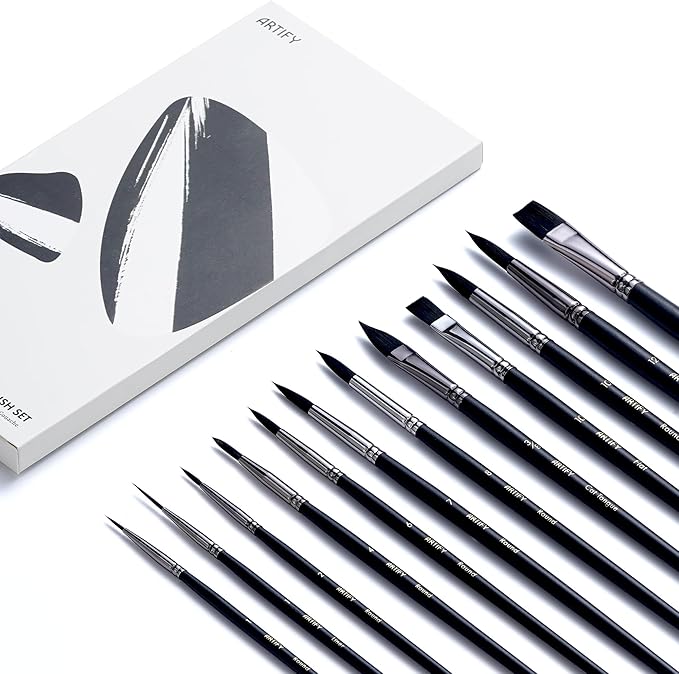 ARTIFY 12 PCS Watercolor Brushes Set, Premium Bionic Hair Brushes for Watercolor, Gouache, Fluid Acrylic - Detail, Round, Flat, Cat's Tongue, Liner