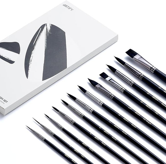 ARTIFY 12 PCS Watercolor Brushes Set, Premium Bionic Hair Brushes for Watercolor, Gouache, Fluid Acrylic - Detail, Round, Flat, Cat's Tongue, Liner
