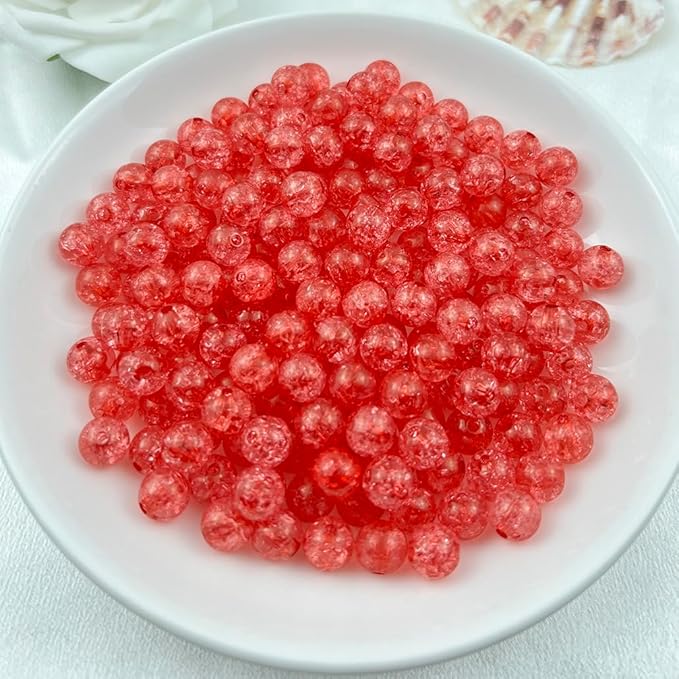 400pcs 8mm Acrylic Crackle Beads - Round Crystal Acrylic Craft Beads with Hole for Jewelry Making - Bright Red