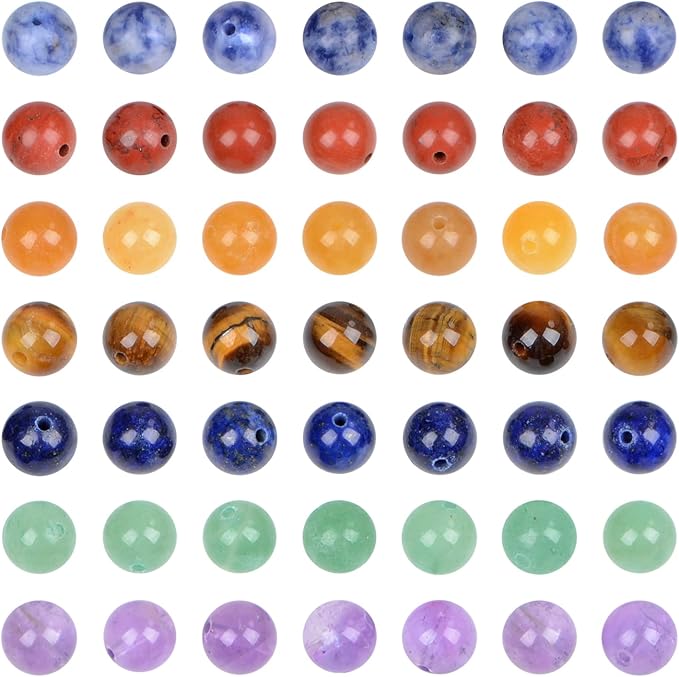 bymitel 140pcs natural crystal beads stone gemstone round energy healing loose beads with stretch cord for jewelry making bracelets anklets (7-colors chakra, 8mm 140pcs)