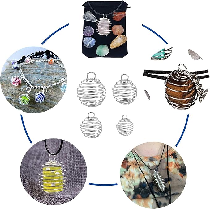 PH PandaHall 72pcs Spiral Bead Cage Pendants Set 48pcs 4 Sizes Iron Stone Holder Cage Necklace Pendants with 24pcs Leather Cord for Jewelry Making Crafting, 9/15/25/30mm