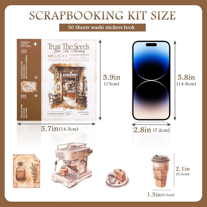 RISYPISY Pre-Cut Coffee Sticker for Scrapbooks 50 Sheet-558pcs Washi Journaling Stickers Ephemera for Junk Journal Supplies Scrapbooking Supplies for Bujo Planner Collage Crafts