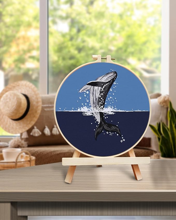 TINDTOP Embroidery Kit for Beginners Adult, Whale Embroidery Practice Kit for Beginners Include Embroidery Cloth Hoops Threads for Craft Lover Hand Stitch with Embroidery Skill Techniques