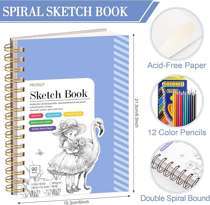 Sketch Book with 12 Color Pencil Set, 90 Sheets Spiral Sketchbook for Drawing (68lb/100gsm), Acid-Free Sketch Pad for Kids Artist, Art Paper Drawing Supplies for Gifts(Blue)