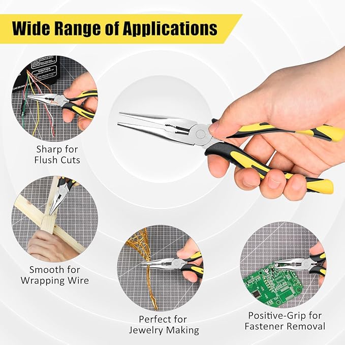 zuzuan premium long needle nose pliers-8’’, paper clamp precision, high carbon steel, soft grip with wire cutter, long nose cutting pliers for home, fishing, jewelry, crafts,2pcs