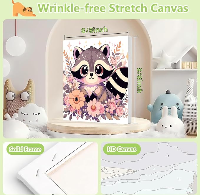 Reivworl Paint by Numbers Kit for Kids with Frame and Easel, Raccoon Paint by Number for Kids Age 6-8-12, Acrylic Paint by Numbers for Gifts and Home Decor (8X8 inch)