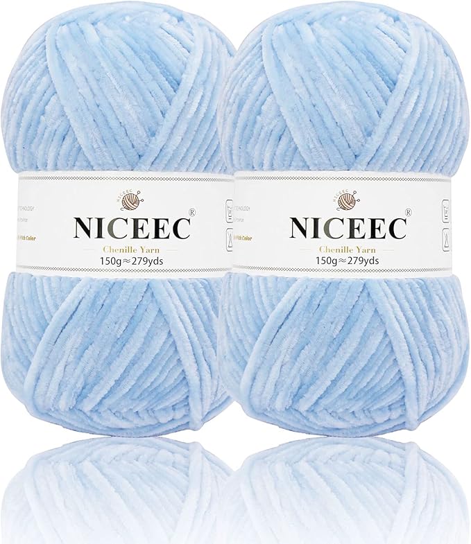 NICEEC 2 Skeins Soft Chenille Yarn Blanket Yarn for Knitting Fancy Yarn for Crochet Weaving DIY Craft Total Length 2×255m (2×279yds, 2×150g)_Light Blue