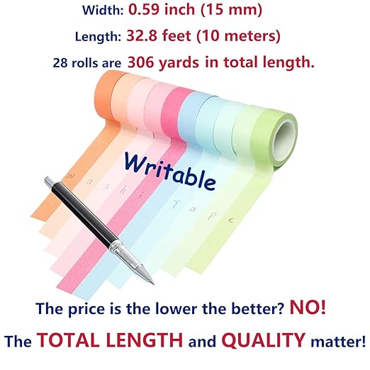 YUKUNTANG 28 Rolls Washi Masking Tape Set, 15mm 306 Yards Colorful Rainbow Pastel Decorative Colored Writable Washi Craft Tape Set for DIY Crafts Scrapbook Designs
