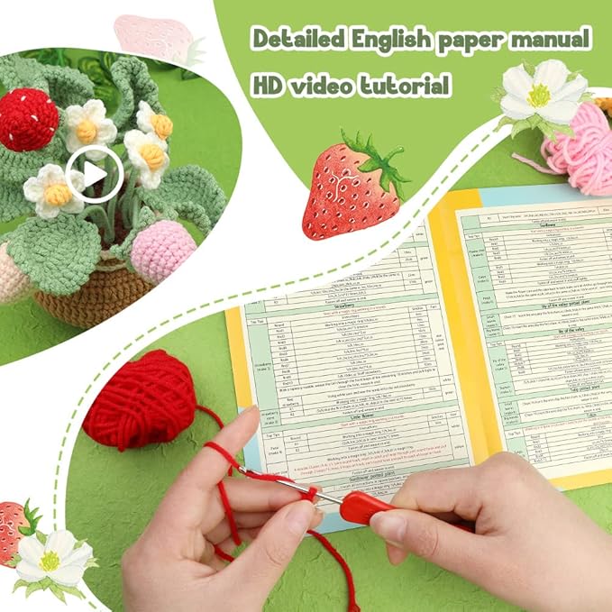 kgxulr Crochet Kit for Beginners, Strawberry Crochet Kit Beginner Crochet Starter Kit for Complete Beginners Adults, Crocheting Knitting Kit with Step-by-Step Video Tutorials (Strawberry)