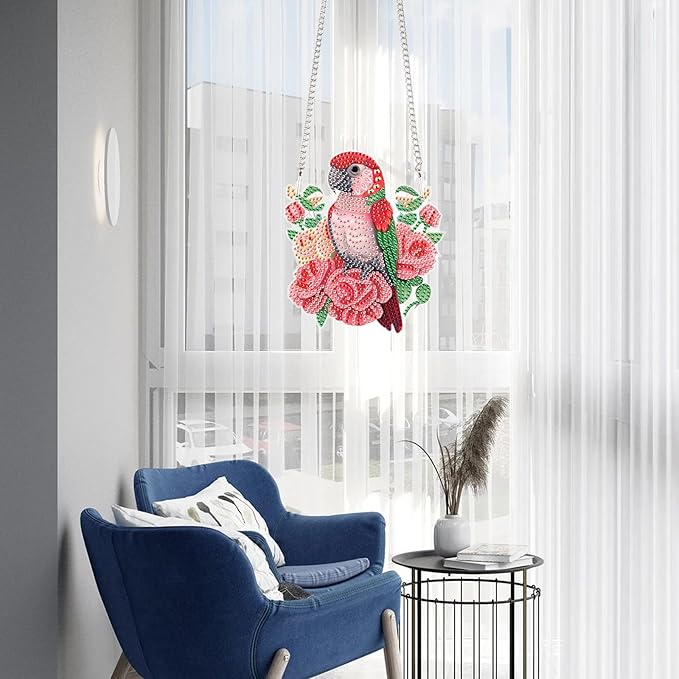 Animal Parrot Diamond Art Painting Kit Ornament with Hanging Chain Flower DIY Diamond Art Acrylic Crystal Hanging Pendant Paint by Number Stained Glass Wall Art for Adults Home Wall Decor Gift