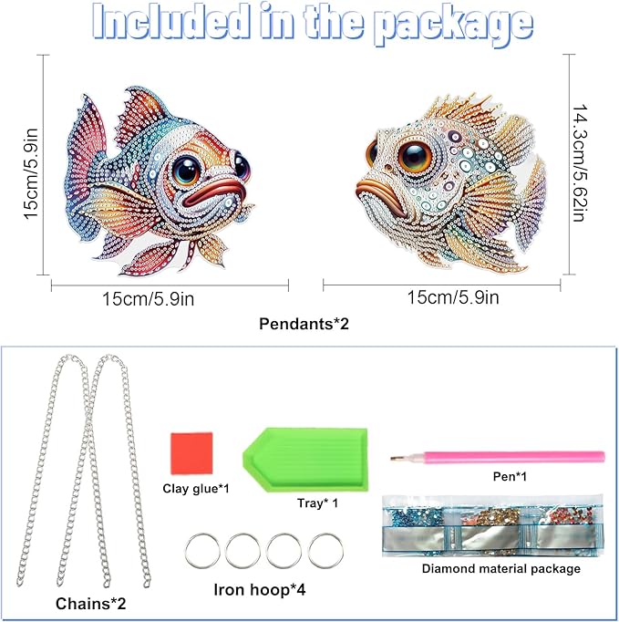 LazyFold 2PCS Diamond Art Hanging Pendant Kits for Adults, Colorful Fish DIY 5D Special Shape Diamond Art Painting Pendant Kits,Gem Art Suncatchers Painting Ornament for Home Garden Wall Decor Gift