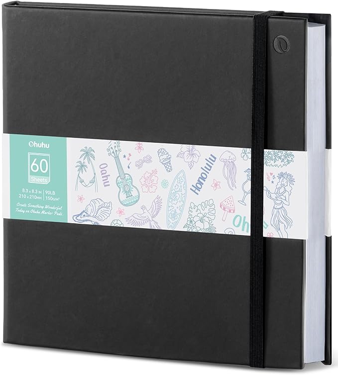 Ohuhu Double-Sided Marker Pad Art Sketchbook Bleedproof - 8.3"x8.3" Square Paper Size - 90 lb/150 gsm Smooth Drawing Paper - 60 Sheets/120 Pages - Hardcover Sketching Book for Alcohol Markers Paints