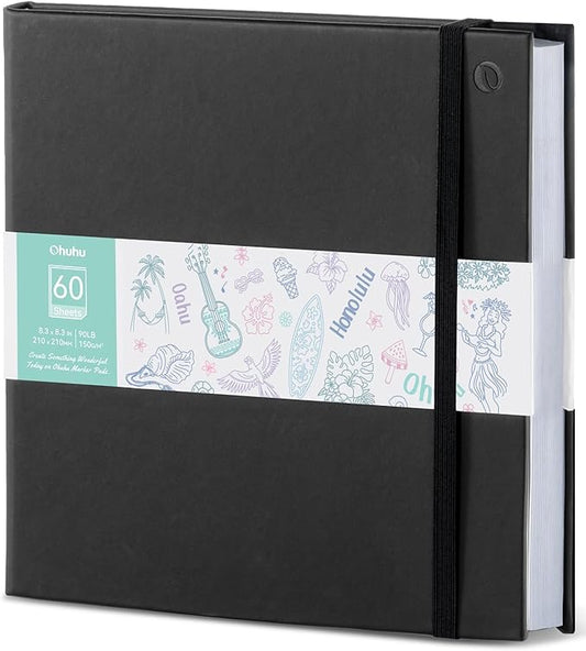 Ohuhu Double-Sided Marker Pad Art Sketchbook Bleedproof - 8.3"x8.3" Square Paper Size - 90 lb/150 gsm Smooth Drawing Paper - 60 Sheets/120 Pages - Hardcover Sketching Book for Alcohol Markers Paints