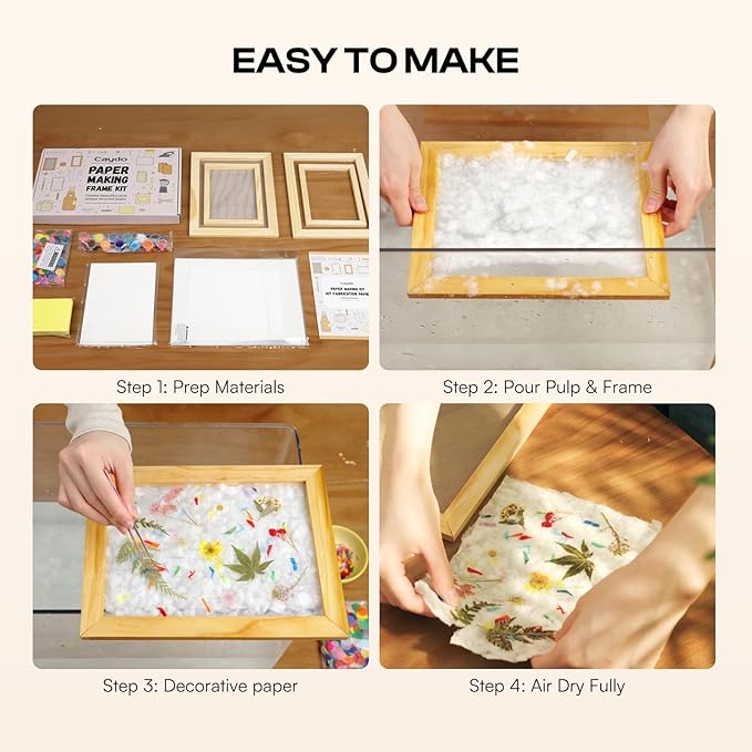 Caydo Paper Making Kit, 2 Size A5 A6 Papermaking Mould and Deckle with Pulp Sheets, Mesh, Sponge, Paints & Confetti, Paper Making Screen Kits for Adult, DIY Paper Making Supplies for Craft Lovers