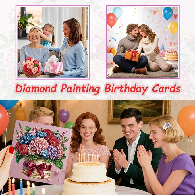 12 Packs Diamond Art Cards Kit, Diamond Painting Greeting Cards with Envelopes, DIY Card Making Kits for Adults, Gifts for Families, Friends, Partners (Bouquet)