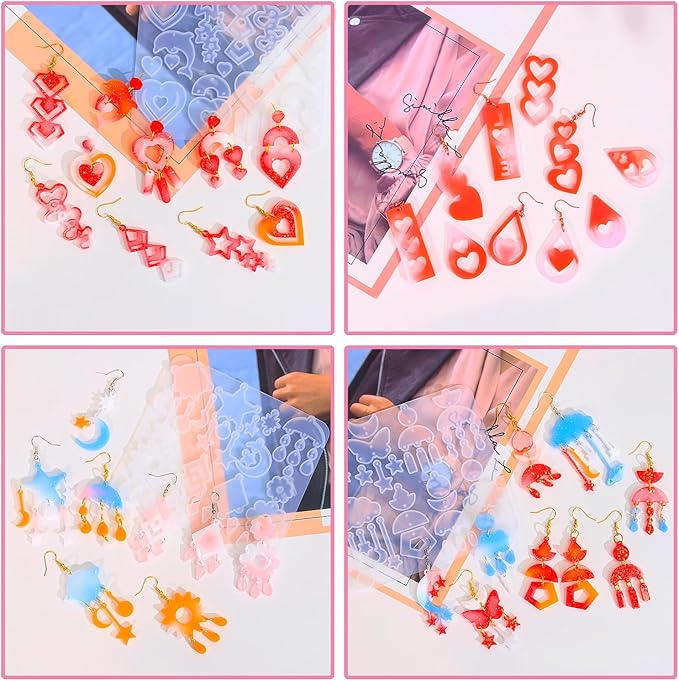 4 Pack Heart Resin Earring Mold Love Heart Star Shape Earring Silicone Molds for Mother's Day UV Casting Epoxy Silicone Molds Jewelry Earring Making Kit with 200 Earring Hook for DIY Crafts Keychains