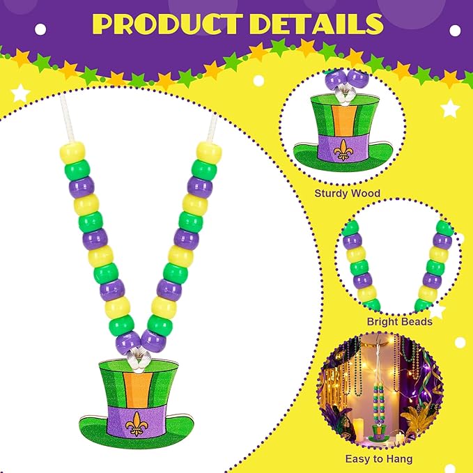 Bafeil Mardi Gras Crafts Beads Necklace Making Kit 24 Sets - Arts and Crafts DIY Bulk with Mask Crown Jester Court Hat Charms, Carnival Party Favors Birthday Family Craft Activities