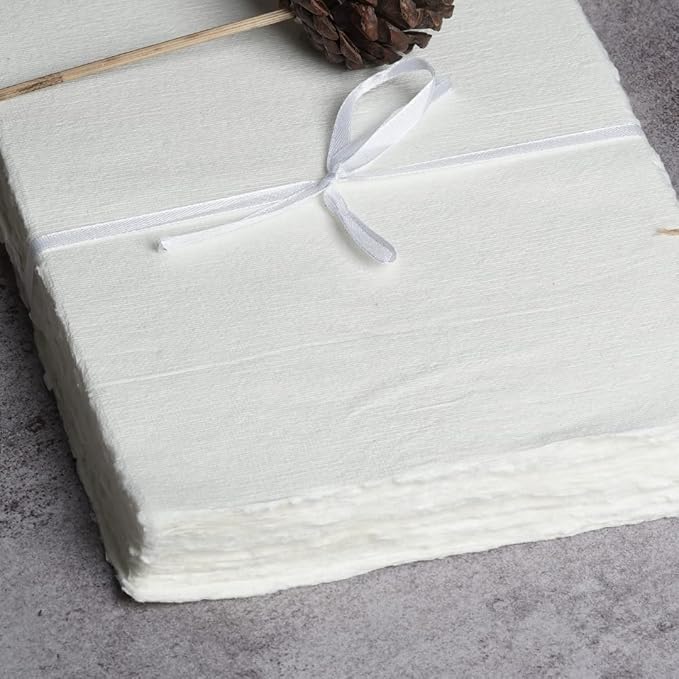 50 Sheets - Rough/Textured Watercolor Paper - 7.5 X 11.5 inches(150GSM) - Handmade/Deckle Edge Paper Made from Virgin Egyptian Cotton - Off-White by Leather Village