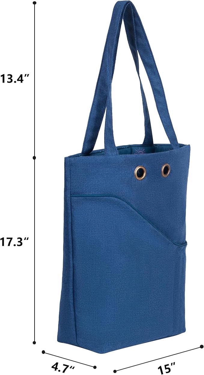 Linen Knitting Project Tote Bag,Portable Yarn Storage Bag for Crochet Accessories/Needles,Crochet Hooks Organizer,Knitting Bag for Crochet Lovers (Navy Blue)