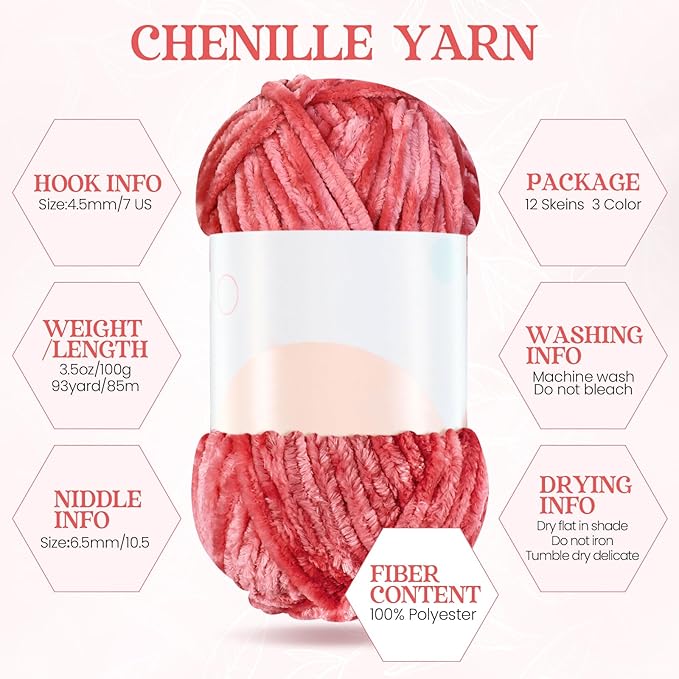 Xinnun 12 Skeins 1116 Yards Chenille Velvet Soft Thick Plush Yarn Bulk for Crocheting Knitting Blanket DIY Weaving Craft, 6mm, 3.5 Oz/Skein(Pink Series)
