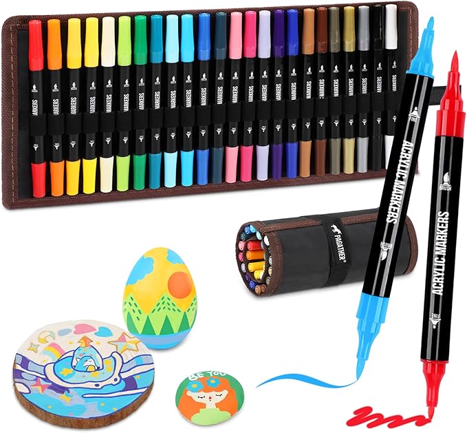 pagather 24 colors acrylic paint markers, dual tip with fine tip and brush tip pens for stone, wood, calligraphy, canvas, ceramic, metal, glass, rock painting, diy crafts art supplies kit