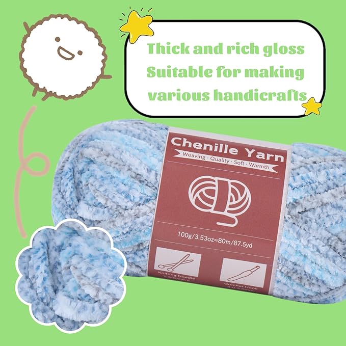 LUNARM Chenille Yarn for Crocheting Knitting, 3 Skein 10.58 oz / 263 Yard Thick Soft Chunky Fluffy Weaving Plush Yarn for Blankets Clothes Pattern with Big Eye Needles(Blue Gray Gradient)