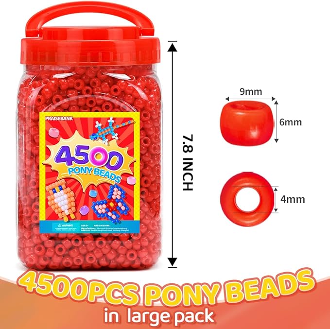praisebank pony beads, 4500pcs 6x9mm, wholesale beads, bracelets jewelry making, arts & crafts(red)