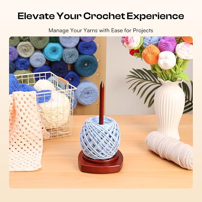Caydo Wooden Yarn Holder for Knitting and Crocheting, Easy Install and Operate Yarn Spinner Holder, Yarn Spinner with Yarn Storage, Perfect Crochet Gift for Craft Enthusiasts - Brown