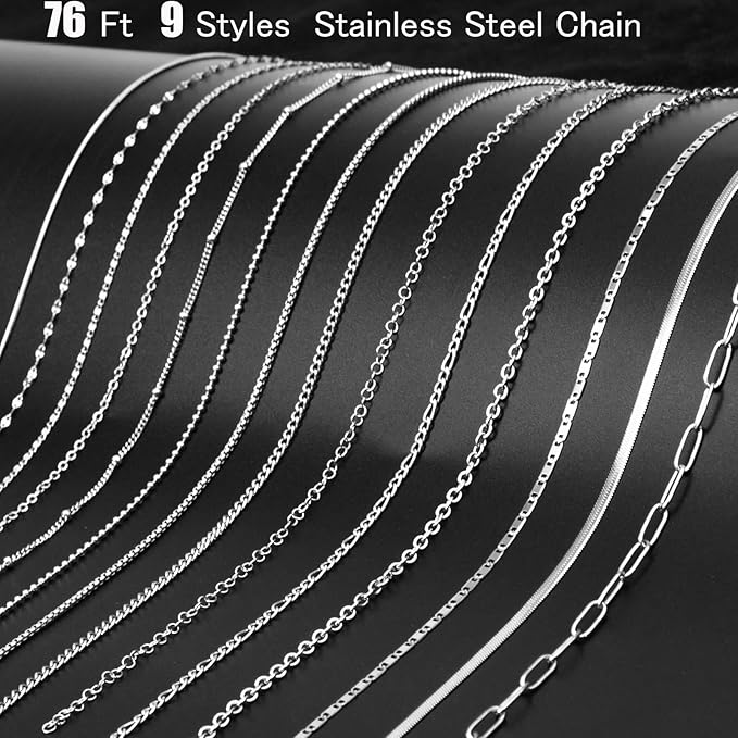 76 Feet Stainless Steel Chain for Jewelry Making, 9 Style Necklace Jewelry Chains for DIY Necklace Bracelets Craft Jewelry Making Supplies with Stainless Steel Jump Rings Lobster Clasp Connectors