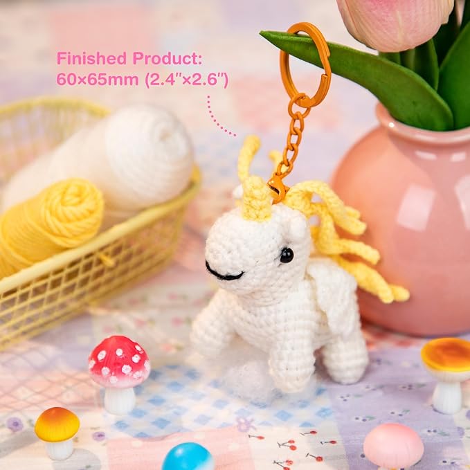 Avenir Beginner Crochet Kit for Adults & Teens - Small Portable Animals Kit with Keychain, Complete Supplies & Video Tutorials, Perfect Arts & Crafts Gift for Women & Girls (Curly Unicorn)