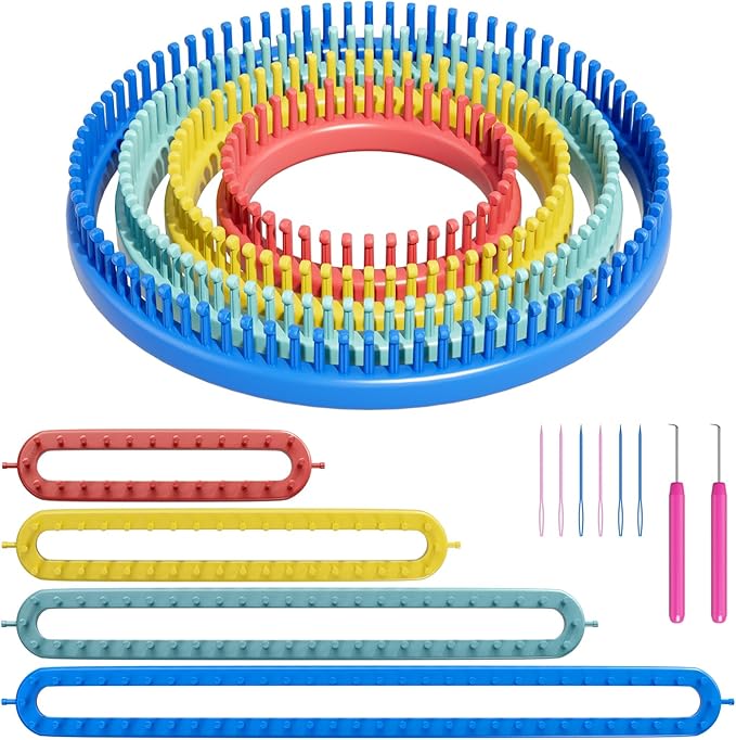 cureder Knitting Loom Craft Kit - Long Knitting Loom and Round Knitting Loom - Include 2 Knitting Yarn Loom Needle and 2 Plastic Loom Pick, (4 Round Loom&4 Long Loom), Great for Kids or Baby Blanket