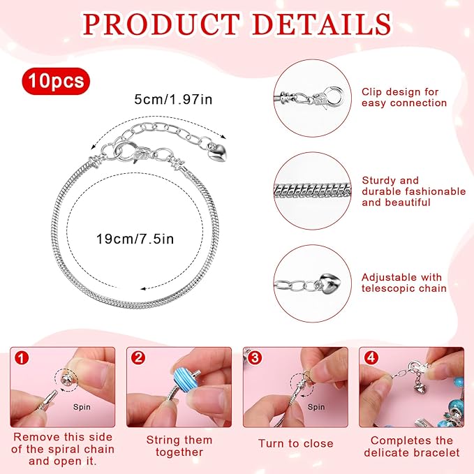 Ferreve 231 Pcs Charm Bracelet Making Kit Snake Chain European Large Hole Beads Dangle Charm with Plastic Storage Box DIY Jewelry Making Craft Gifts for Women(7.5 Inch)