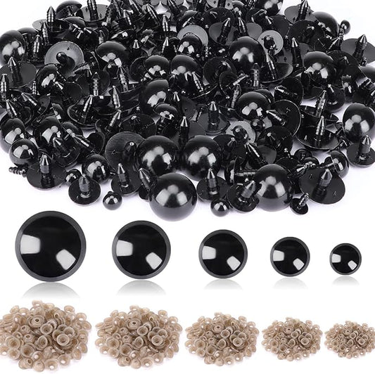 UPINS 500 Pieces 6-24MM Black Plastic Safety Eyes with Washers for Crochet Animal Crafts Doll Making Supplier Bulk (4 Sizes)