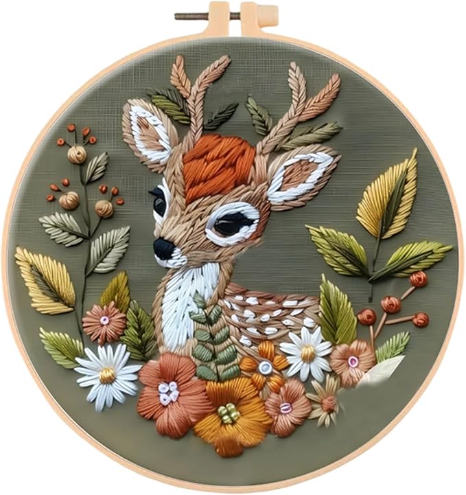 Huacan Embroidery Kits for Adults Beginner DIY Cross Stitch Stamped Christmas Pattern Stitching Deer Sewing Kit 1 Piece 7.8 x 7.8 Inch