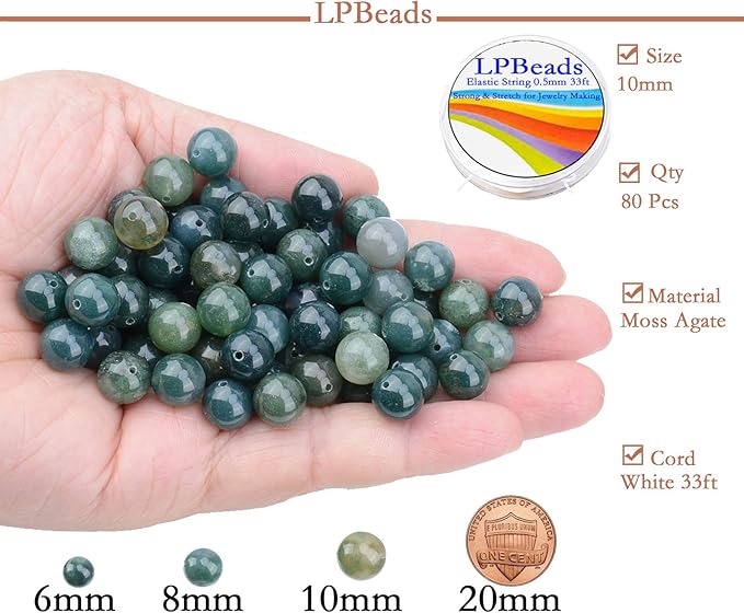 LPBeads 80Pcs Polished 10mm Round Natural Moss Agate Gemstone Loose Beads with Stretch Cord for Jewelry Making Bracelets