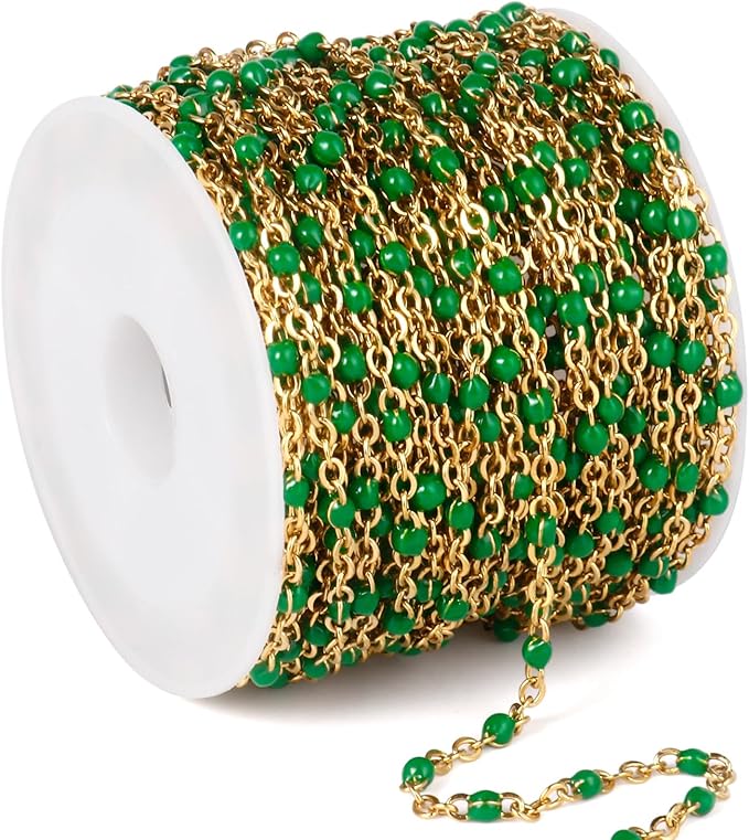 33 Feet Gold Enamel Chains Bulk, 2mm 18K Gold PVD Plated 304 Stainless Steel Green Enamel Beaded Cable Link Chain Roll Spool for Jewelry Making