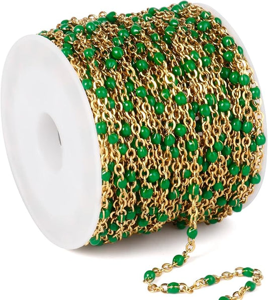33 Feet Gold Enamel Chains Bulk, 2mm 18K Gold PVD Plated 304 Stainless Steel Green Enamel Beaded Cable Link Chain Roll Spool for Jewelry Making