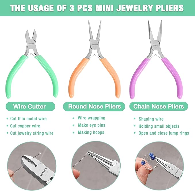 WORKPRO Jewelry Pliers Set, 3-Piece Mini Jewelry Tool Kit—Purple Needle Nose Plier/Chain Nose Plier, Orange Round Nose Pliers & Green Wire Cutter for Jewelry Making, Beading & Wire Wrapping