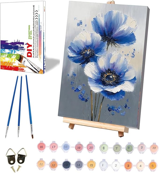Easy Flower Paint by Numbers for Adults with Framed Canvas - with Wooden Easel, Flowers Paint by Number for Beginners, DIY Acrylic Oil Painting on Canvas with Brushes for Home Wall Decor (8x12 inch)