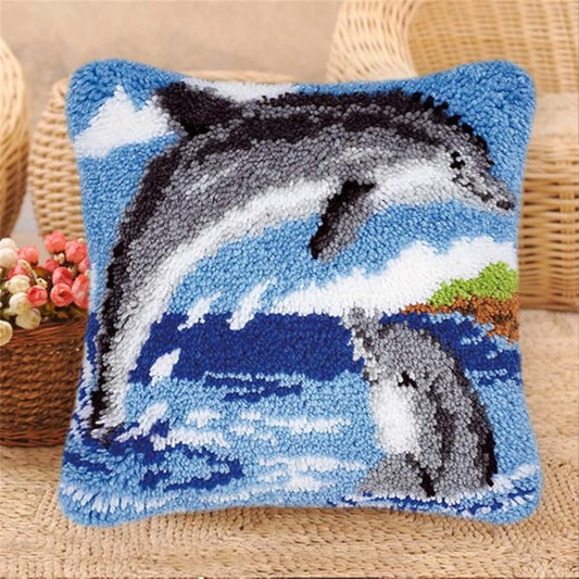 LAPATAIN Latch Hook Kits for DIY Throw Pillow Cover,Needlework Cushion Cover Hand Craft Crochet for Great Family 17X17inch Two Dolphins(Grey)