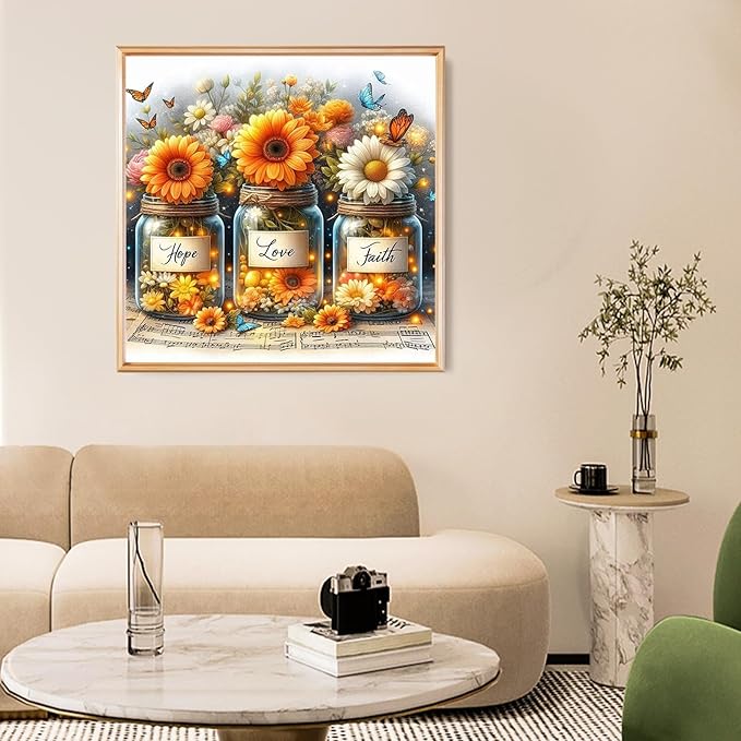 Faith,Hope,Love Diamond Art Kits for Adults, Inspirational Diamond Painting Kits for Adults Beginners, DIY 5D Diamond Painting with Round Gem Art Kits for Gift Home Wall Decor 14x14 Inch