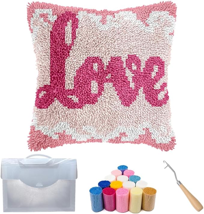 Cozykeke Love Latch Hook Kit,DIY Pillow Cover Cushion Craft Kits with Pre-Printed Canvas for Adults and Beginners, Suitable for Home Decor and Festival Gift 17 * 17in (BX861)