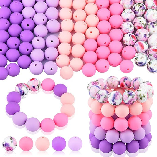 ASTARON 100 Pcs 15mm Silicone Beads for Keychain Making, Purple Pink Silicone Beads Round Bulk for Bracelets Pens Crafts Supplies