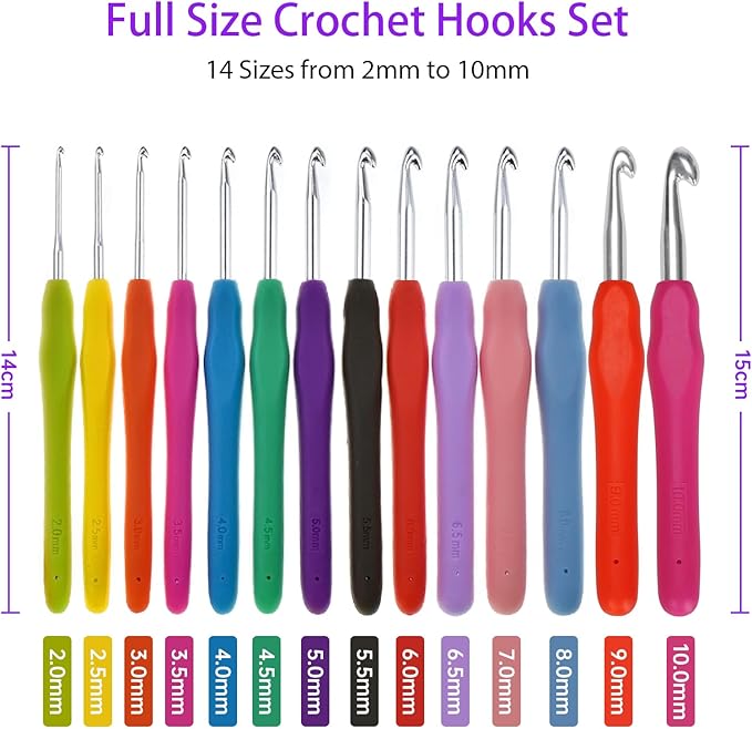 Crochet Hooks RealPlus 14 Pcs 2mm(B)-10mm(N) Ergonomic Crochet Hook Set for Arthritic Hands, Crochet Kit for Beginners with Soft Grip, Large Crocheting Needles with Purple Case