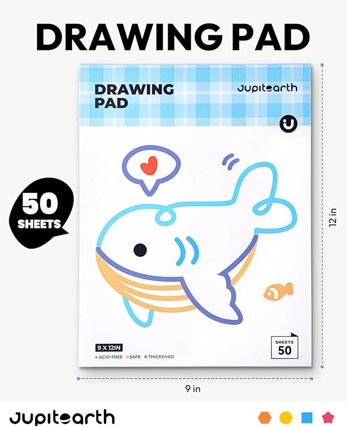 jupitearth sketch pads, 2-pack 50 sheets 9x12 inch drawing pad, acid-free thickened glue-bound sketchbook, art supplies, drawing paper for coloring painting for school