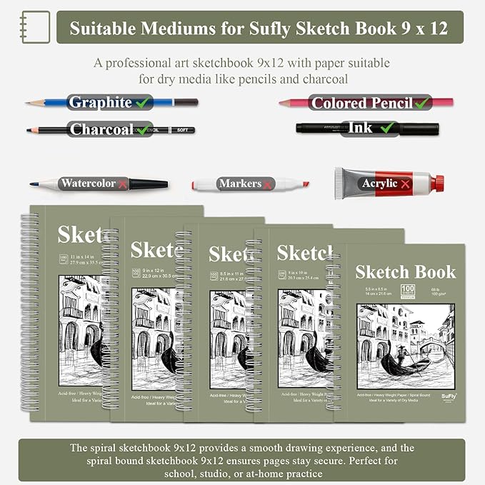 9 x 12 sketchbook, 68lb/100gsm sketch pad 100 sheets spiral bound acid free drawing paper with hard cover art paper for drawing and painting for graphite pencil, charcoal, pastels, for kids & adults