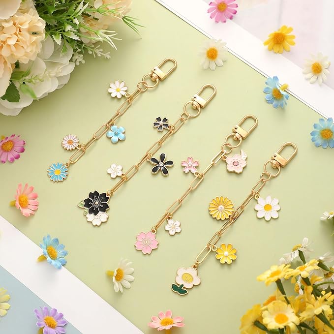 Tondiamo 266 Pieces Flower DIY Gold Keychain Making Kit Floral Daisy Bag Charm Jewelry Making Sunflower Ornaments Bulk for Key Ring Art Adults Women Bag Gift