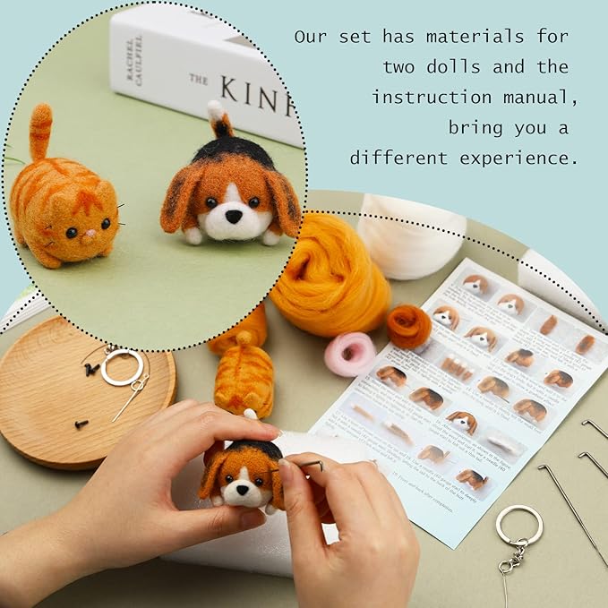 SHWAKK Needle Felting Kit, 2 PCS Dolls Needle Felting Starter Kit with Instructions, Felting Pad, Felting Wool, Felting Needles, Keychain and Split Ring etc