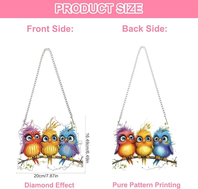 QENSPE DIY Hanging Diamond Painting Pendant Kit Animal, Birds Diamond Art Ornament Kit Acrylic Board for Window,Easy Crystal Pendant Gem Art for Home Garden Wall Decor,20x20cm